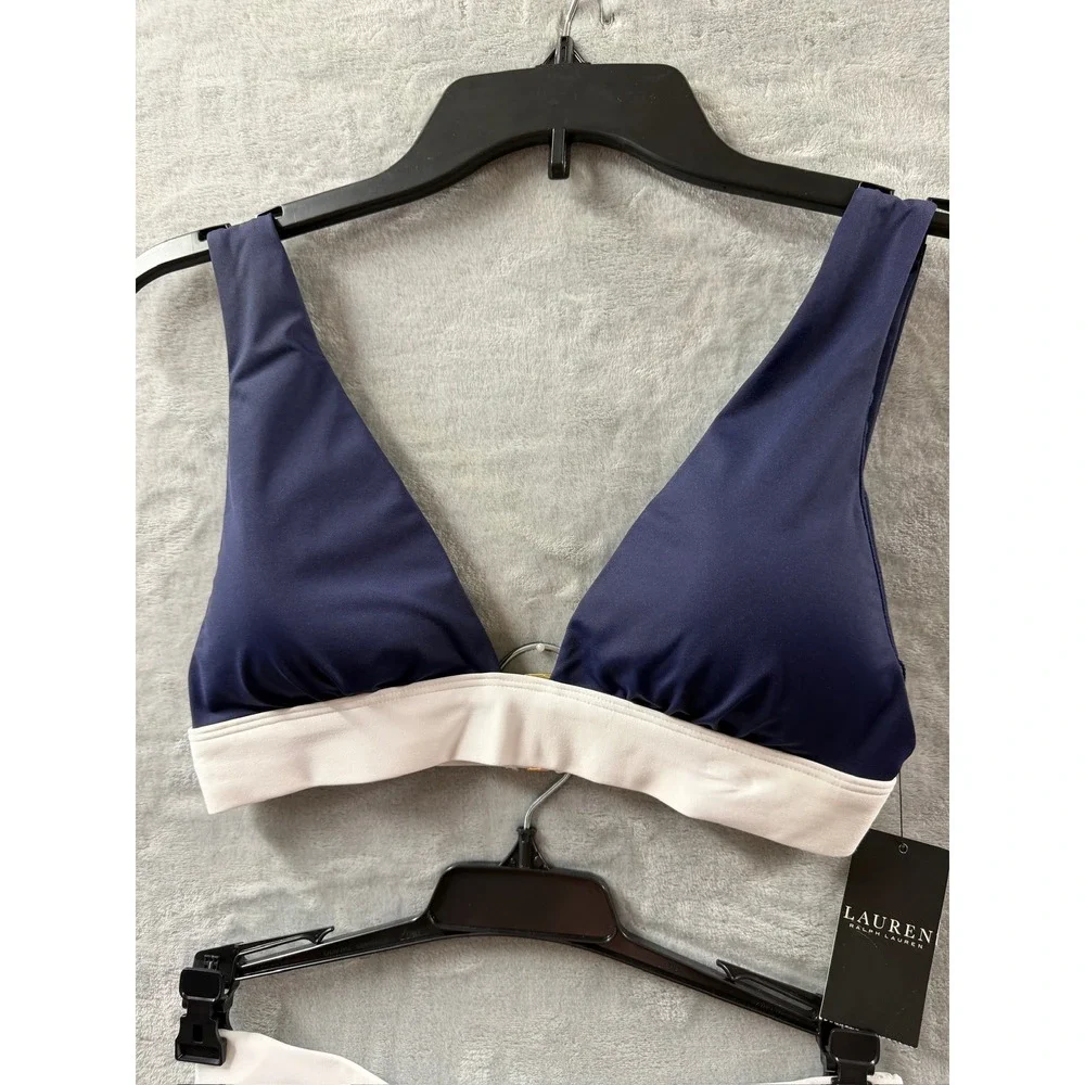Lauren Ralph Lauren Womens Navy Blue White Bikini Set High Waist Swimsuit Sz 6